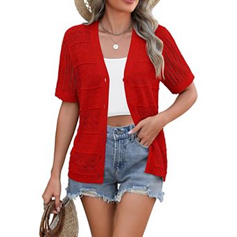 Zeagoo Women's V Neck Crochet Cropped Cardigan Short Sleeve Button Up Bolero Shrug