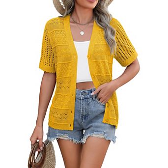 Zeagoo Women's V Neck Crochet Cropped Cardigan Short Sleeve Button Up Bolero Shrug