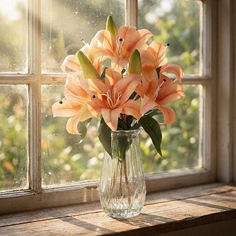 Artificial Lilies Flowers with Glass Vase & Fake Water - Fake Lilies for Home Table, Wedding Party