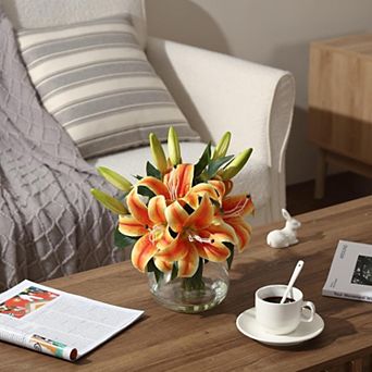 Artificial Lilies Flowers with Glass Vase & Fake Water - Fake Lilies for Home Table, Wedding Party