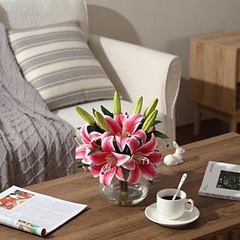 Artificial Lilies Flowers with Glass Vase & Fake Water - Fake Lilies for Home Table, Wedding Party