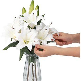 Artificial Lilies Flowers with Glass Vase & Fake Water - Fake Lilies for Home Table, Wedding Party