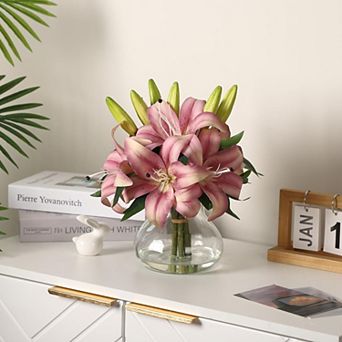 Artificial Lilies Flowers with Glass Vase & Fake Water - Fake Lilies for Home Table, Wedding Party