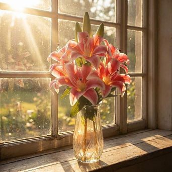 Artificial Lilies Flowers with Glass Vase & Fake Water - Fake Lilies for Home Table, Wedding Party