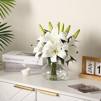 Artificial Lilies Flowers with Glass Vase & Fake Water - Fake Lilies for Home Table, Wedding Party