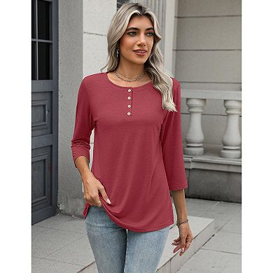 Zeagoo Women s 3 4 Sleeve Crewneck Button Blouses Loose Plain T Shirts Beach Vacation