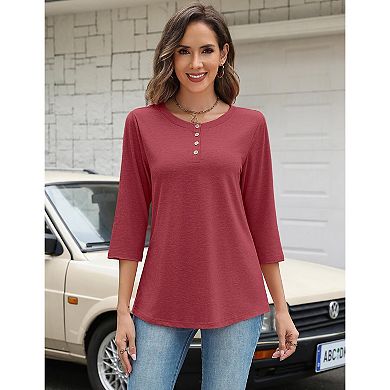 Zeagoo Women s 3 4 Sleeve Crewneck Button Blouses Loose Plain T Shirts Beach Vacation