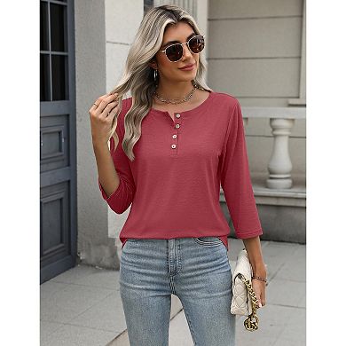 Zeagoo Women s 3 4 Sleeve Crewneck Button Blouses Loose Plain T Shirts Beach Vacation