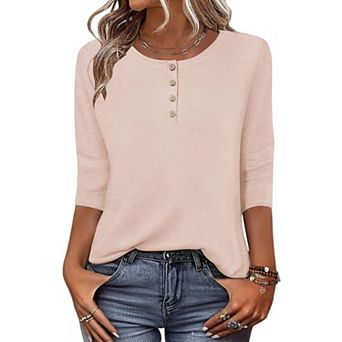 Zeagoo Women s 3/4 Sleeve Crewneck Button Blouses Loose Plain T Shirts Beach Vacation