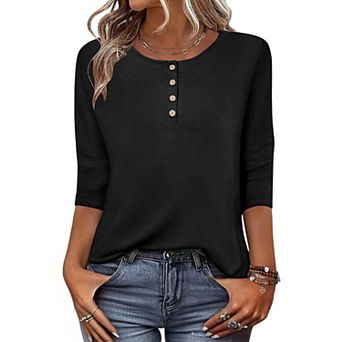 Zeagoo Women s 3/4 Sleeve Crewneck Button Blouses Loose Plain T Shirts Beach Vacation