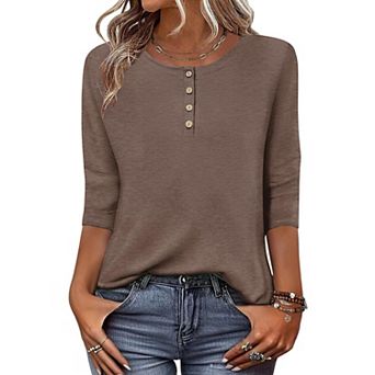 Zeagoo Women s 3/4 Sleeve Crewneck Button Blouses Loose Plain T Shirts Beach Vacation