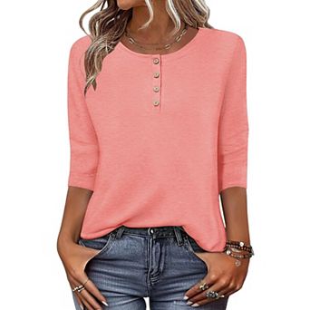 Zeagoo Women s 3/4 Sleeve Crewneck Button Blouses Loose Plain T Shirts Beach Vacation
