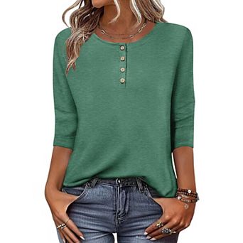 Zeagoo Women s 3/4 Sleeve Crewneck Button Blouses Loose Plain T Shirts Beach Vacation