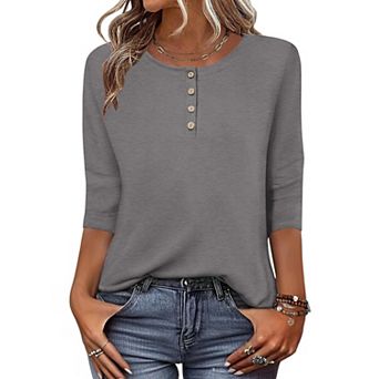 Zeagoo Women s 3/4 Sleeve Crewneck Button Blouses Loose Plain T Shirts Beach Vacation