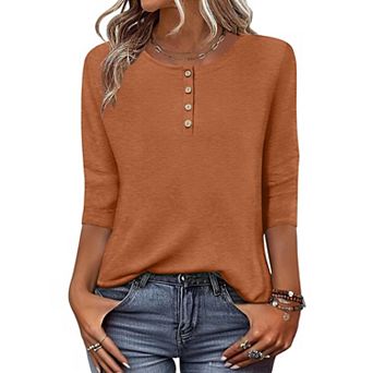 Zeagoo Women s 3/4 Sleeve Crewneck Button Blouses Loose Plain T Shirts Beach Vacation