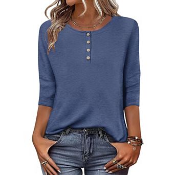 Zeagoo Women s 3/4 Sleeve Crewneck Button Blouses Loose Plain T Shirts Beach Vacation