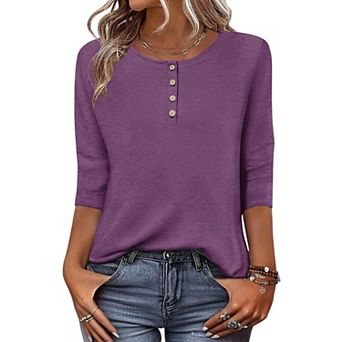 Zeagoo Women s 3/4 Sleeve Crewneck Button Blouses Loose Plain T Shirts Beach Vacation