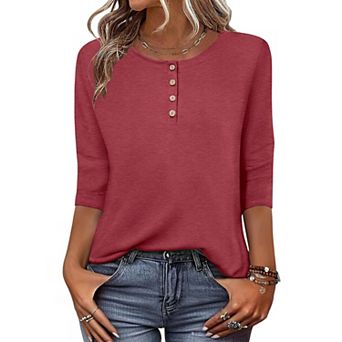 Zeagoo Women s 3/4 Sleeve Crewneck Button Blouses Loose Plain T Shirts Beach Vacation