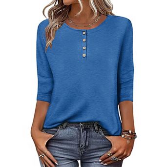 Zeagoo Women s 3/4 Sleeve Crewneck Button Blouses Loose Plain T Shirts Beach Vacation