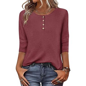 Zeagoo Women s 3/4 Sleeve Crewneck Button Blouses Loose Plain T Shirts Beach Vacation