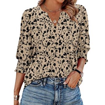 Zeagoo Women s 3/4 Sleeve V Neck Boho Blouses Fashion Casual Loose Fit Tunic Tops