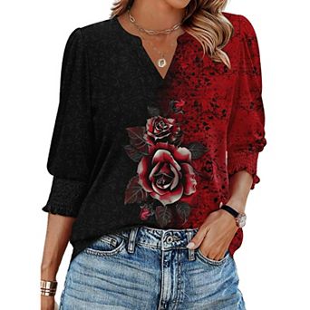 Zeagoo Women's 3/4 Sleeve V Neck Boho Floral Blouses Fashion Casual Loose Fit Tunic Tops