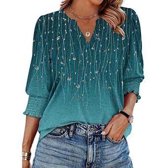 Zeagoo Women's 3/4 Sleeve V Neck Boho Floral Blouses Fashion Casual Loose Fit Tunic Tops