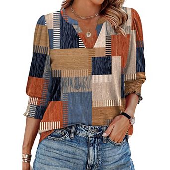 Zeagoo Women s 3/4 Sleeve V Neck Boho Blouses Fashion Casual Loose Fit Tunic Tops