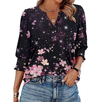 Zeagoo Women s 3/4 Sleeve V Neck Boho Blouses Fashion Casual Loose Fit Tunic Tops