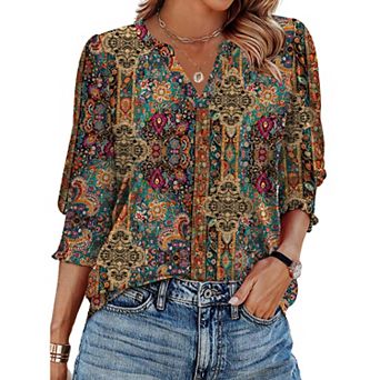 Zeagoo Women's 3/4 Sleeve V Neck Boho Floral Blouses Fashion Casual Loose Fit Tunic Tops