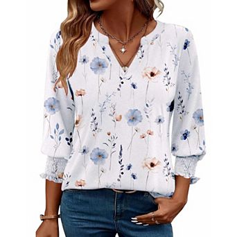 Zeagoo Women's 3/4 Sleeve V Neck Boho Floral Blouses Fashion Casual Loose Fit Tunic Tops