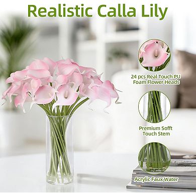 24PCS Real Touch Calla Lily with Vase, Artificial Flowers with Faux Water for Home, Office