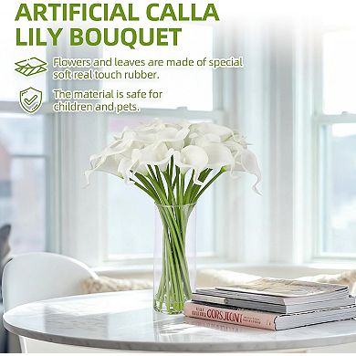 24PCS Real Touch Calla Lily with Vase, Artificial Flowers with Faux Water for Home, Office