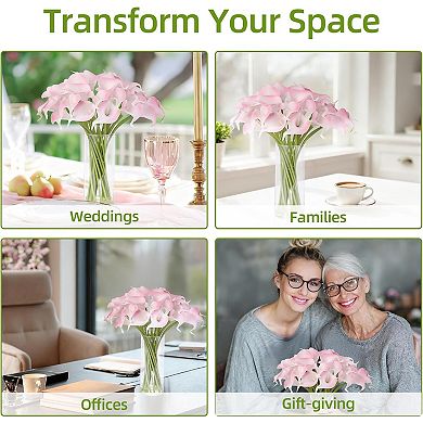 24PCS Real Touch Calla Lily with Vase, Artificial Flowers with Faux Water for Home, Office