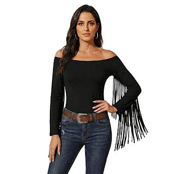 Women Casual Western Cowgirl Off Shoulder Blouse Long Sleeve with Tassels Stretchy Crop Shirts