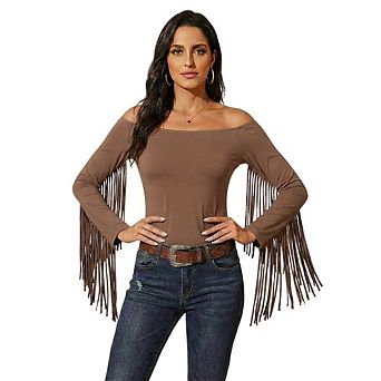 Women Casual Western Cowgirl Off Shoulder Blouse Long Sleeve with Tassels Stretchy Crop Shirts