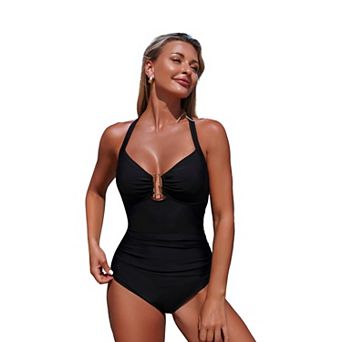 Women's V-Neck Halter One-Piece Swimsuit with Waist Cinch and Slimming Fit