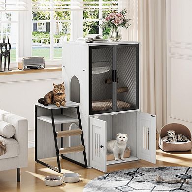 ANIXOL Cat Litter Box Enclosure with Plush Hammock Sisal Ladder Cabinet
