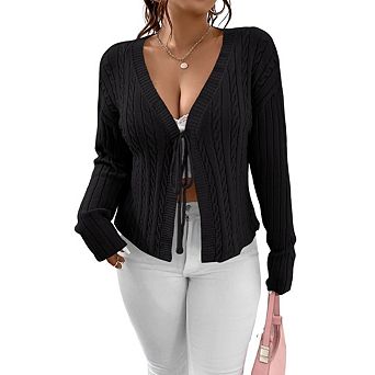 Women's Casual Plus Size Tie Cardigan V Neck Knit Sweater Trendy Open Front Sweater Cardigan