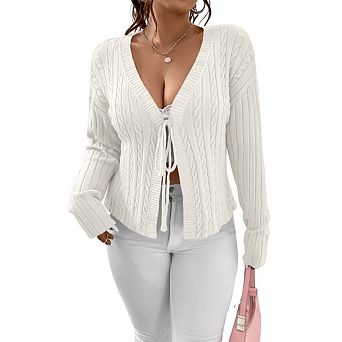 Women's Casual Plus Size Tie Cardigan V Neck Knit Sweater Trendy Open Front Sweater Cardigan