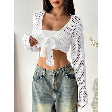 Women's Casual Crochet Shrug Sweater Cardigans Tie Front Open Front Long Sleeve Cropped Hollow Tops