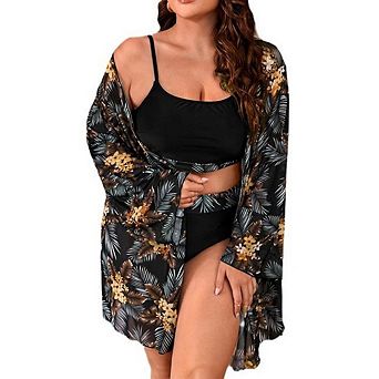Women Plus Size Tropical Bikini 3 pc Set High Waisted Swimsuit Long Sleeve Floral Print Cover Up