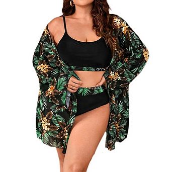 Women Plus Size Tropical Bikini 3 pc Set High Waisted Swimsuit Long Sleeve Floral Print Cover Up