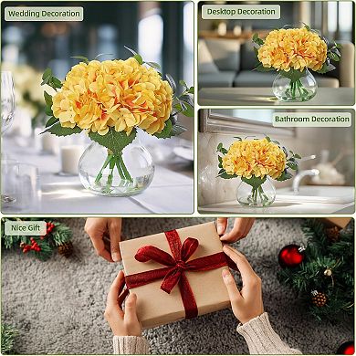 Hydrangea Artificial Flowers in Vase, Silk Faux Hydrangea Fake Flower with Glass Vase&Faux Water