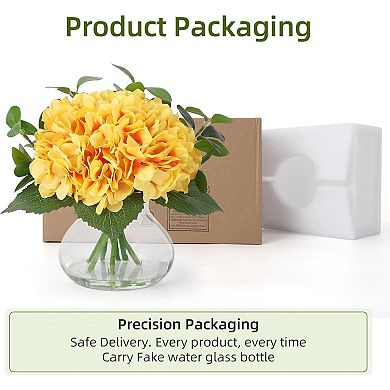 Hydrangea Artificial Flowers in Vase, Silk Faux Hydrangea Fake Flower with Glass Vase&Faux Water