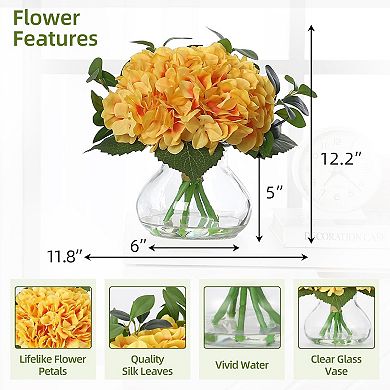 Hydrangea Artificial Flowers in Vase, Silk Faux Hydrangea Fake Flower with Glass Vase&Faux Water