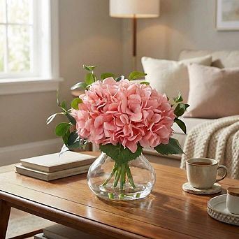 Hydrangea Artificial Flowers in Vase, Silk Faux Hydrangea Fake Flower with Glass Vase&Faux Water