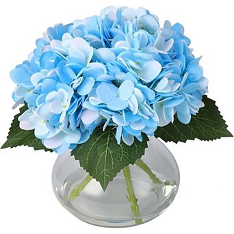 Artificial Hydrangea Flowers with Glass Vase & Fake Water - Faux Hydrangea for Home Decor