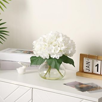 Artificial Hydrangea Flowers with Glass Vase & Fake Water - Faux Hydrangea for Home Decor