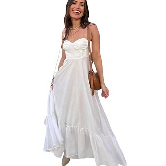 Women's Spaghetti Strap Maxi Wedding Guest Dress Smocked Ruffle Tea Party Flowy A Line Sundress